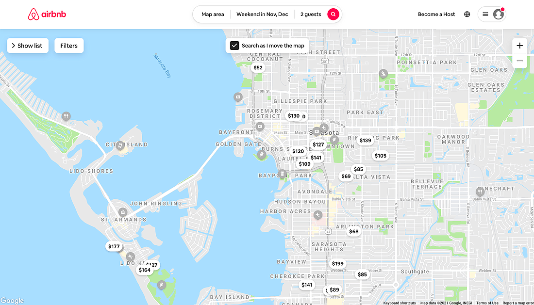 Although visitors can currently find short-term bookings in Sarasota on sites such as Airbnb, some of those rentals may not be legal â€” though Mayor Hagen Brody wants the city to reconsider its regulations. Image via Airbnb