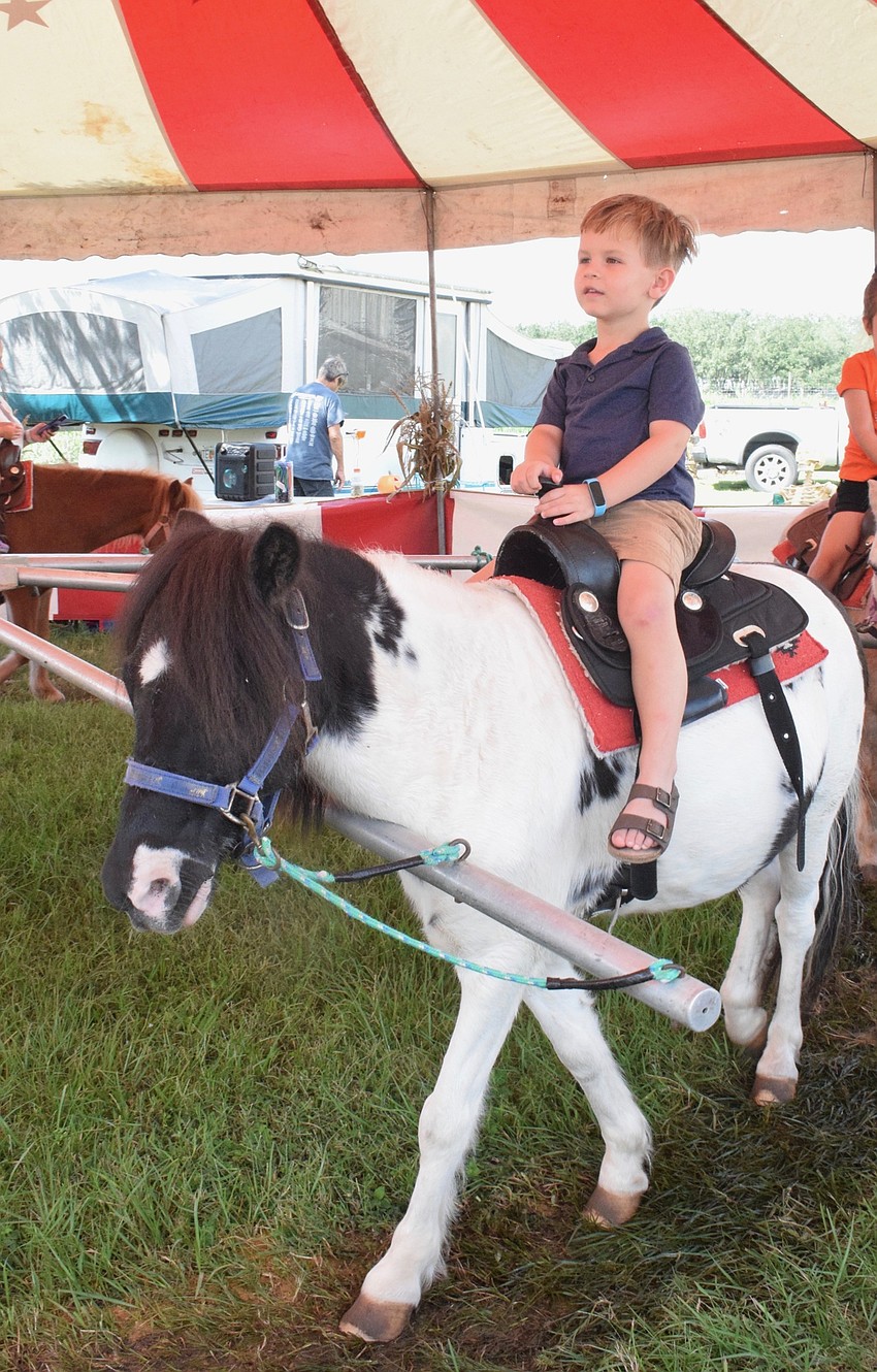 North Port's Jett Thurmer enjoys riding a pony during the Pumpkin Festival.