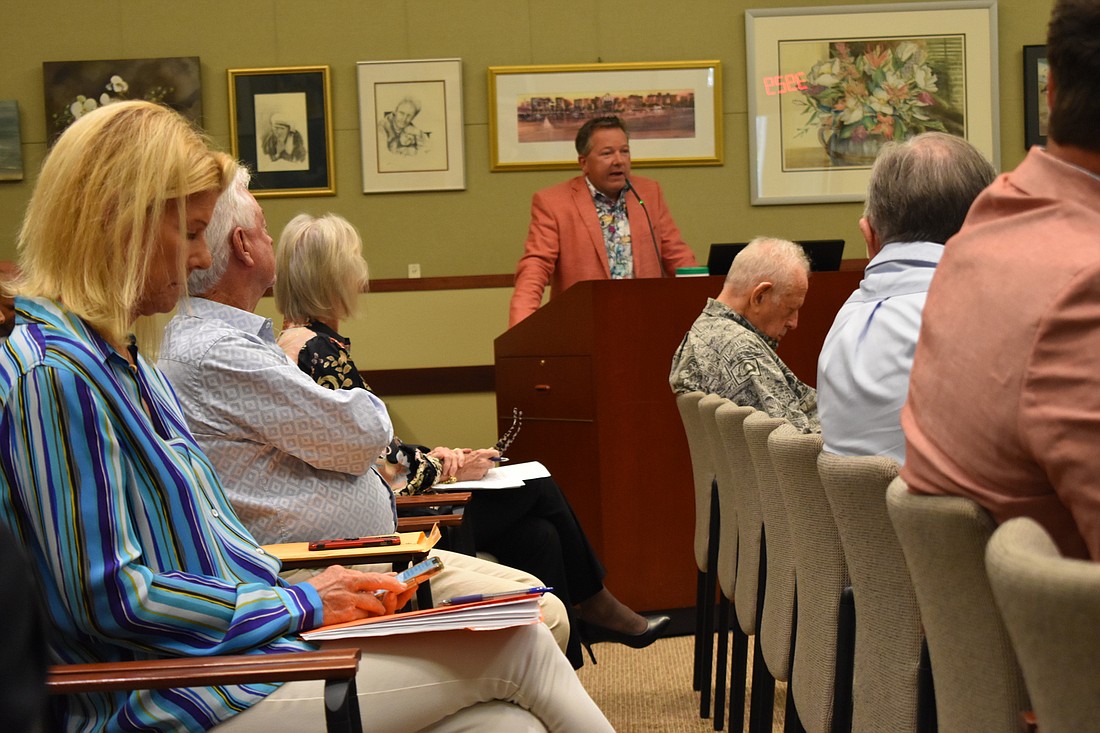 Unicorp CEO Chuck Whittall presents to the Longboat Key Town Commission during Wednesday&#39;s hearing.