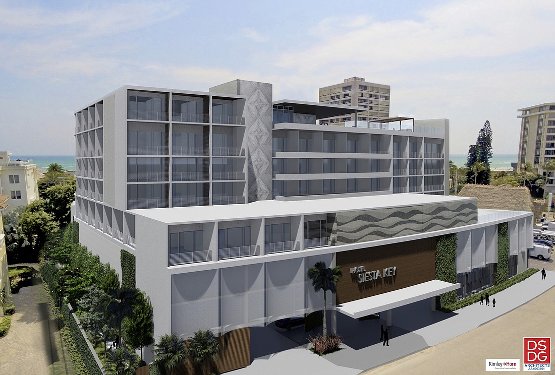 The Siesta Key Hotel project includes five levels of hotel rooms over three levels of the parking, some of which would be open to the public. Rendering courtesy DSDG Architects.