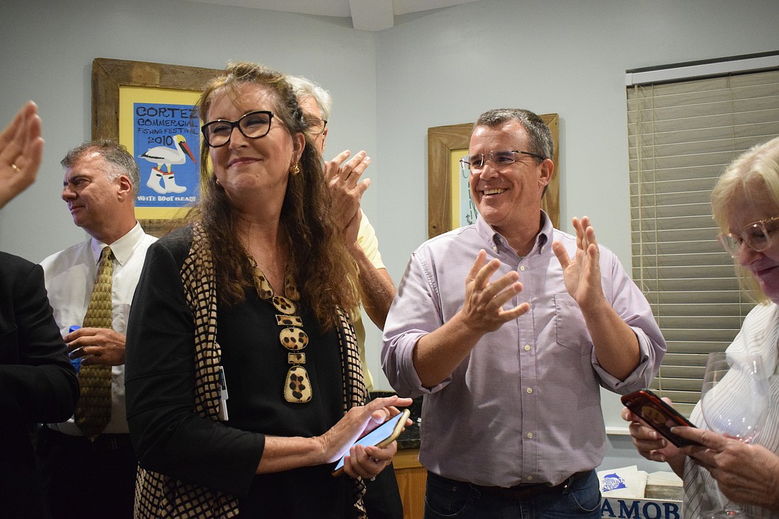 Cynthia Saunders, the superintendent of the School District of Manatee County, and Charlie Kennedy, the chair of the School Board of Manatee County, celebrate the renewal of the district&#39;s 1-mill property tax referendum.