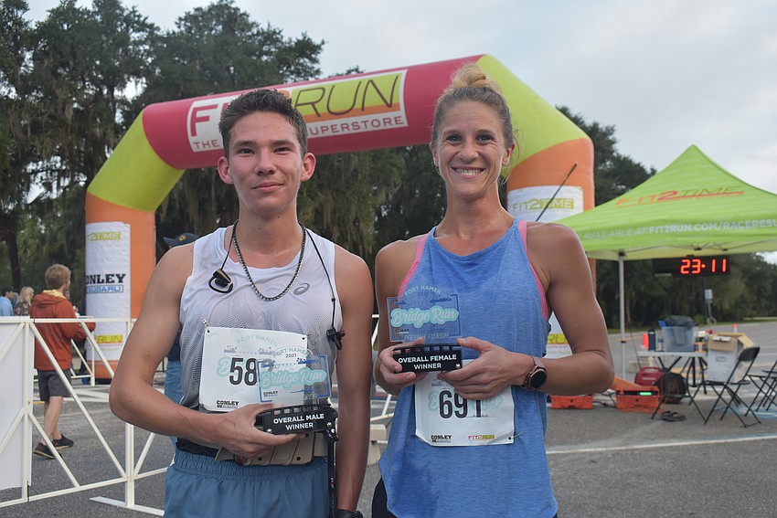 Collin Butzow of Parrish was the overall winner of Saturday's Fort Hamer Bridge Run. Anna Neal (right) of Parrish was the overall women's winner and finished ninth overall.