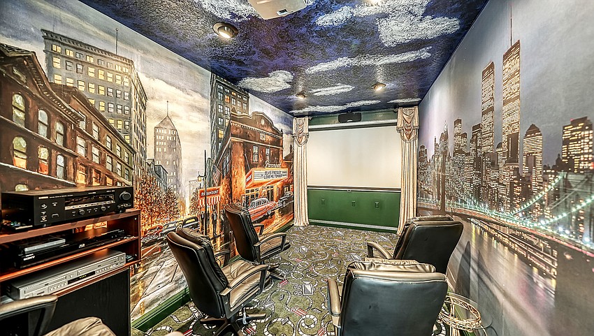 The home features a media room with a unique decor.
