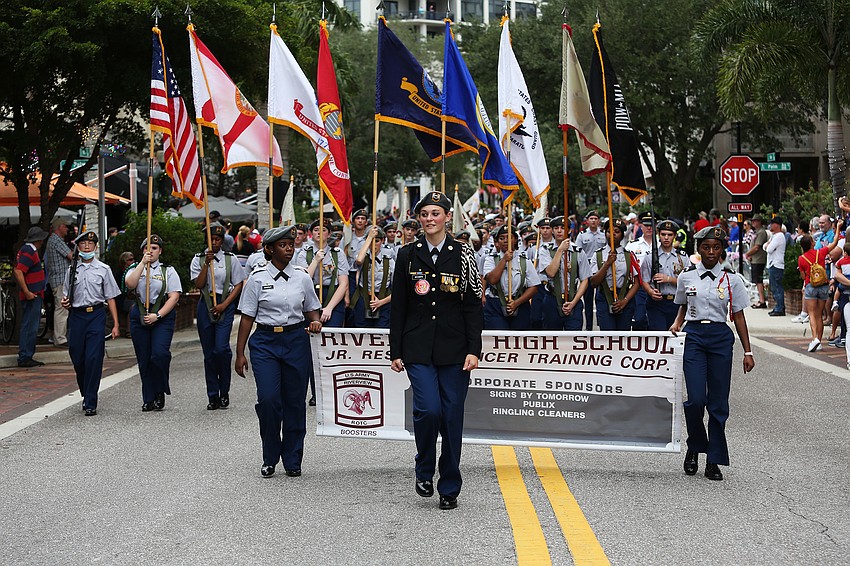 Riverview High School students march on Main Street.
