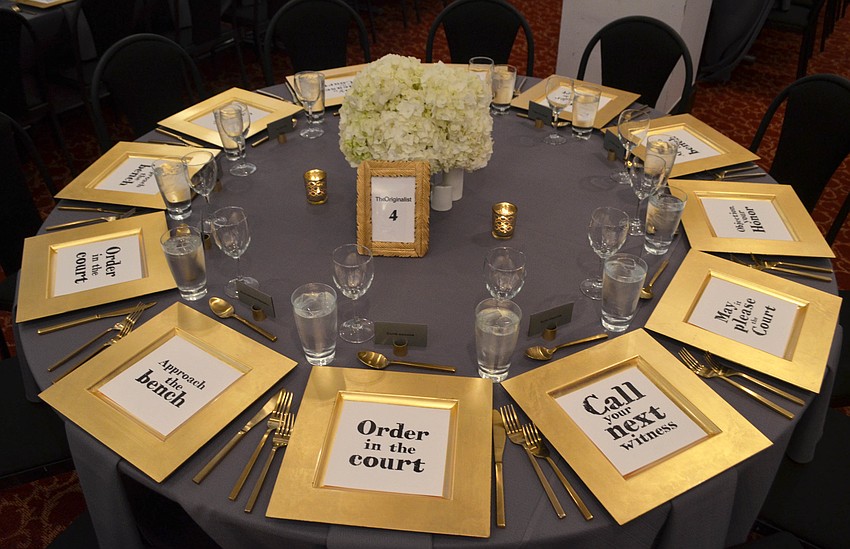 Laura Stuart Wood picked judge-themed decor for “The Originalist” opening night dinner Jan. 20.