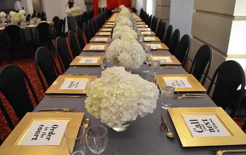 Laura Stuart Wood picked judge-themed decor for “The Originalist” opening night dinner Jan. 20.