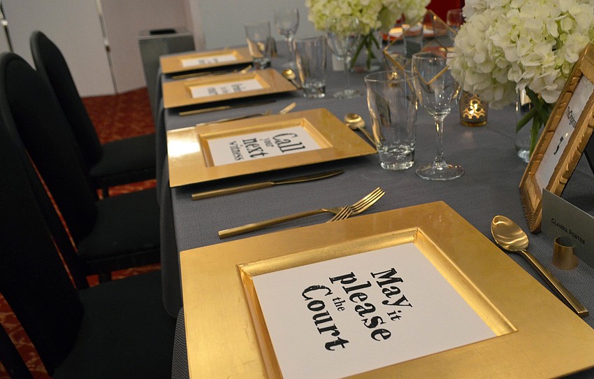 Laura Stuart Wood picked judge-themed decor for “The Originalist” opening night dinner Jan. 20.