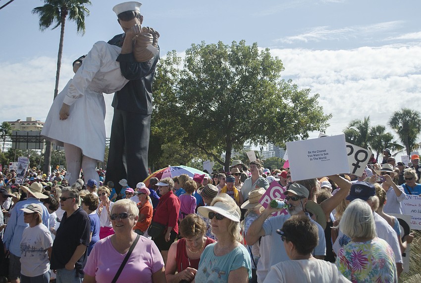Marchers gathered at Sarasota’s Bayfront Park before marching across the Ringling Bridge.