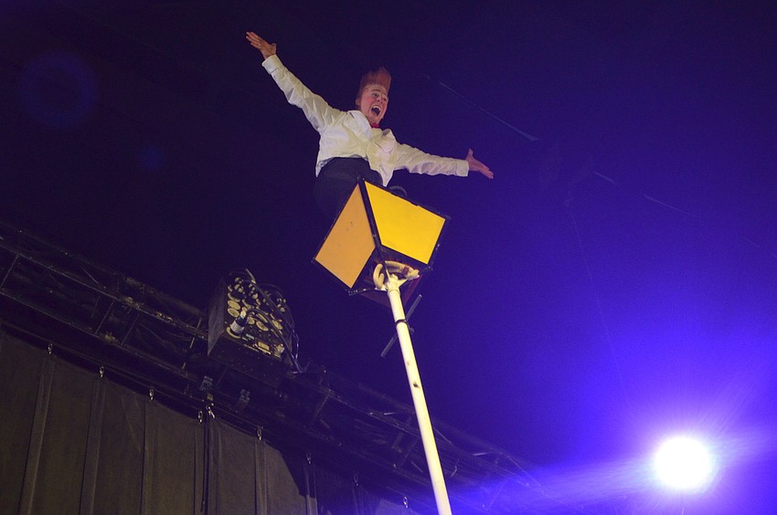 Bello Nock climbs to the top of a pole to “open the curtains” at the Big Top Gala on Feb. 25 at Feld Entertainment Studios.