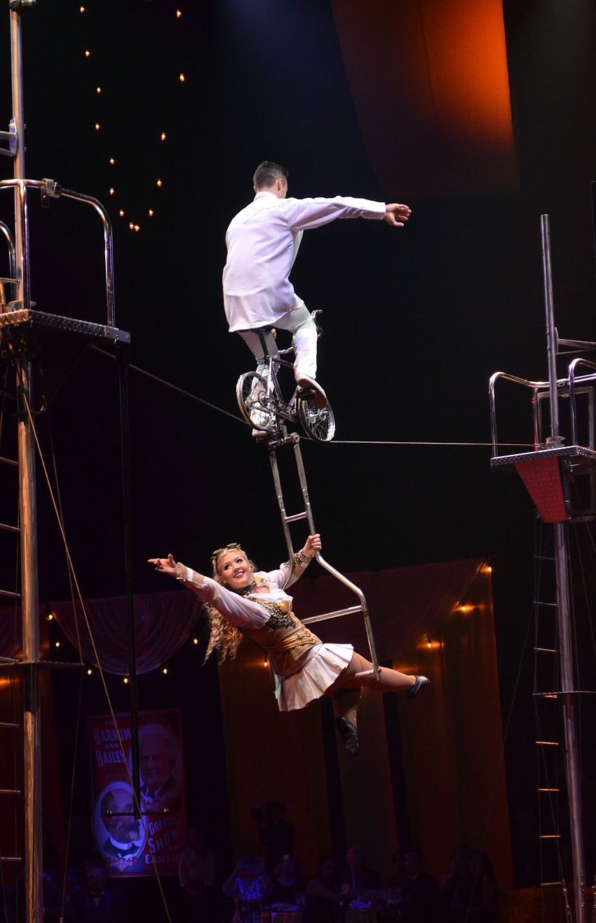 Annaliese Nock performs a high-wire routine with “Daniel the Daring” at the Big Top Gala on Feb. 25 at Feld Entertainment Studios.