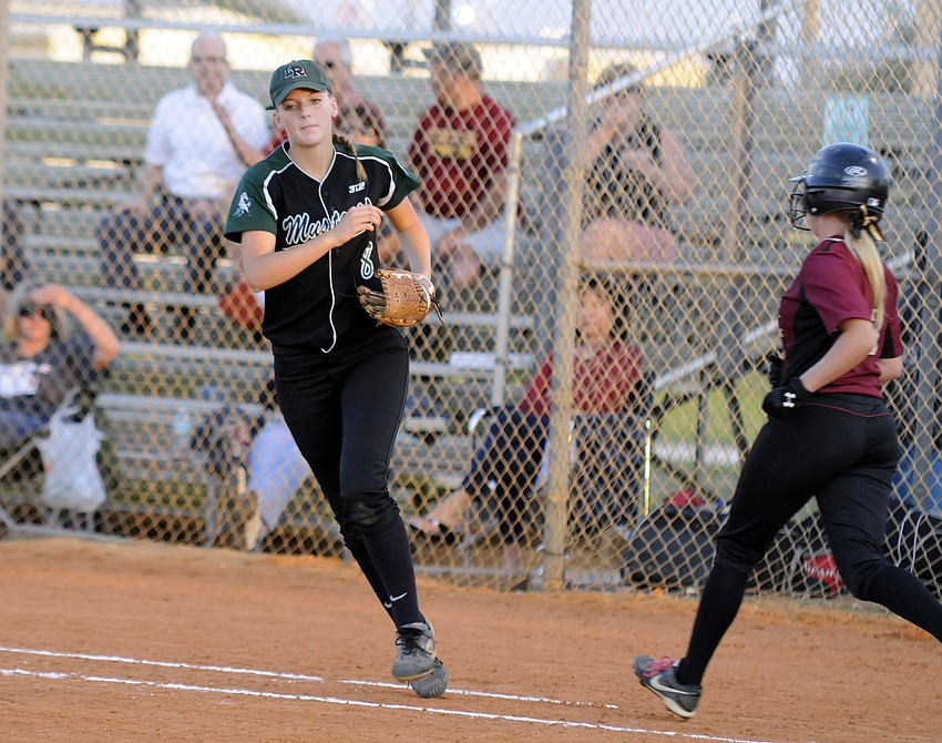 Lakewood Ranch senior first baseman Korrin Cline records an out in the third inning.