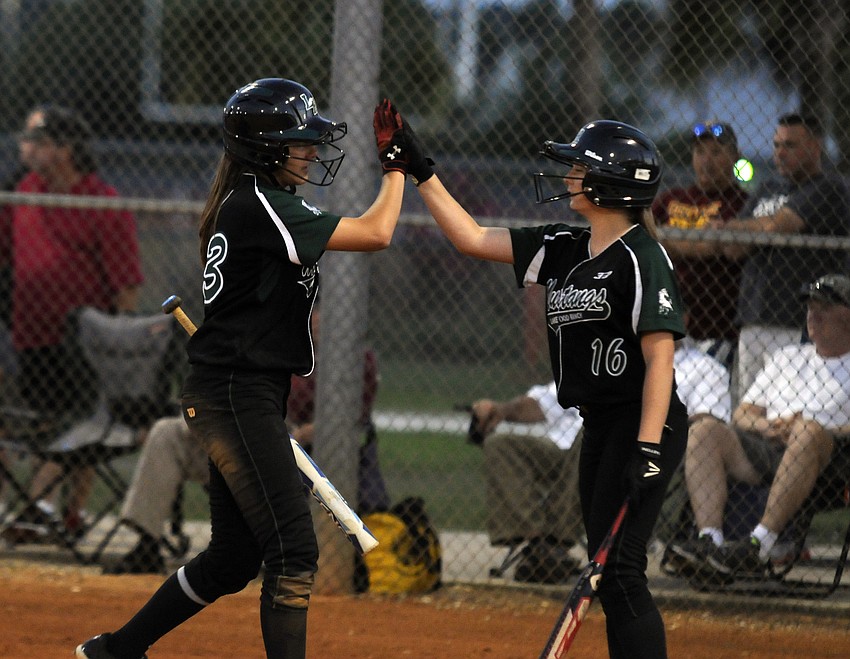 Lakewood Ranchâ€™s Kyra Klarkowski and Gretchen Ebert celebrate following Klarkowskiâ€™s go-ahead run.