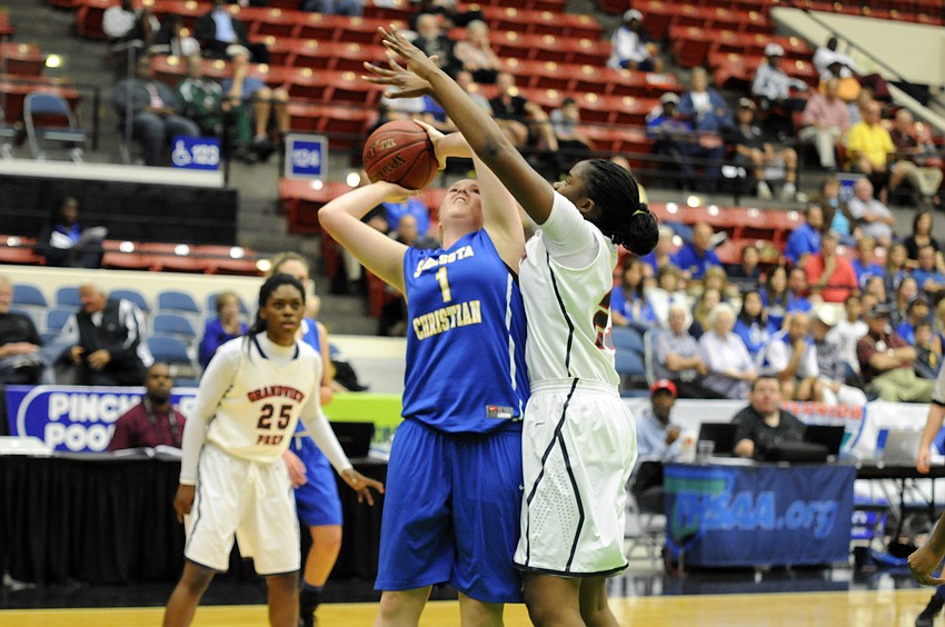Sarasota Christianâ€™s Anikka Jensen puts up a shot in the second quarter.
