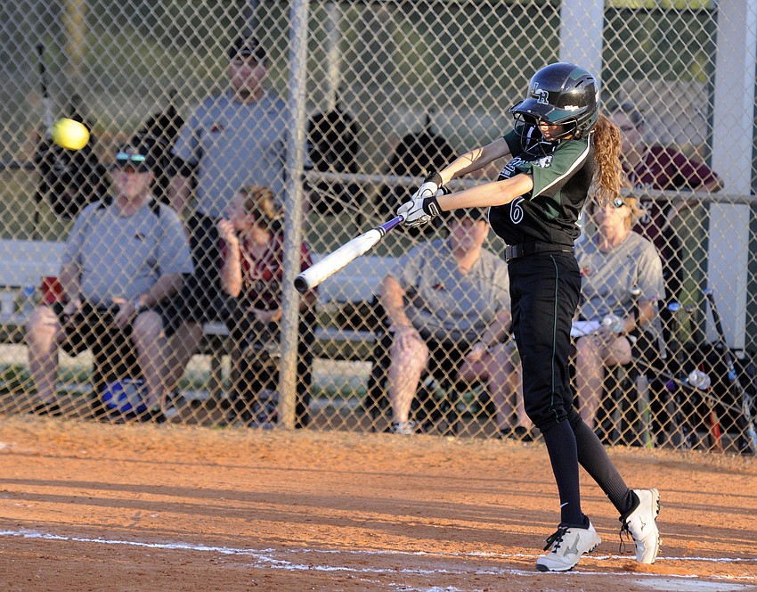 Denali Schappacher makes contact in her first at bat of the game.