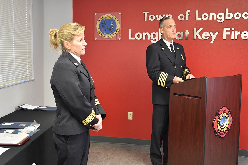 On Wednesday morning, Fire Chief Paul Dezzi (right) recognized Deputy Fire Chief Sandi Drake (left).