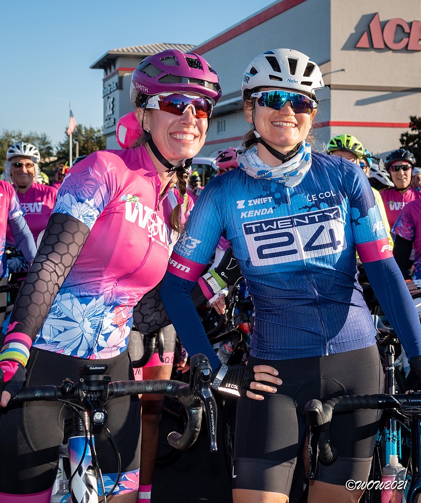 Lakewood Ranch's Dawn Zielinski, who is the president of the Village Idiots Bike Club, thanks Tampa's Amanda Coker for being the honorary guest cyclist. Courtesy photo.