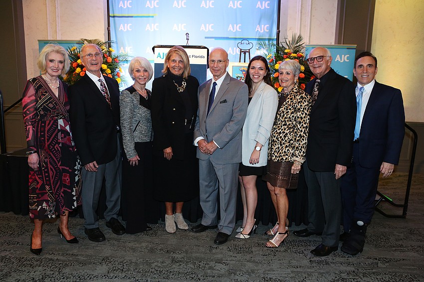 AJC Regional President Anne Virag, co-chairs Debbie and Larry Haspel, Gail and Joel Morganroth, speaker Belle Yoeli, co-chairs David and Edie Chaifetz and AJC West Coast Florida Regional Director Brian Lipton