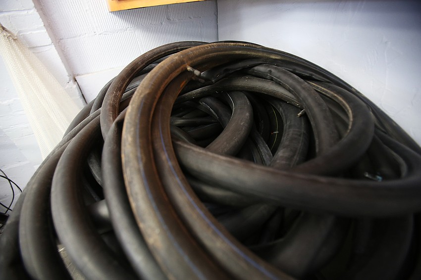 The group has plenty of spare tire parts in the storage area.