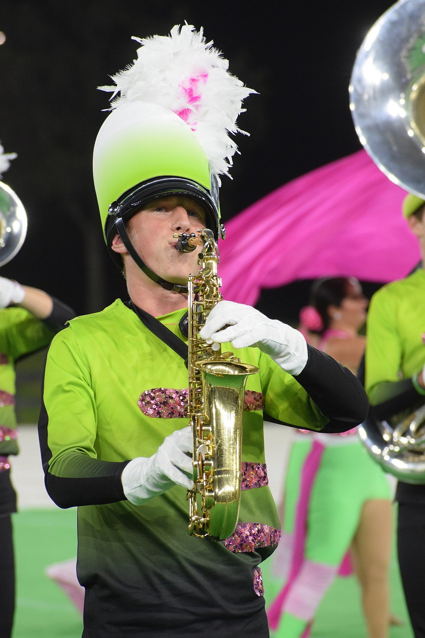 Logan Ranke performs with the Braden River High School Marching Band of Pirates.
