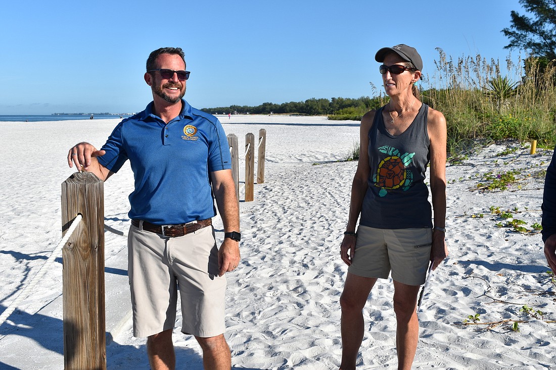 Last month, Longboat Key Turtle Watch Vice President Cyndi Seamon met with Longboat Key Town Projects Manager Charlie Mopps to discuss improvements to the North Shore beach entrance. File photo