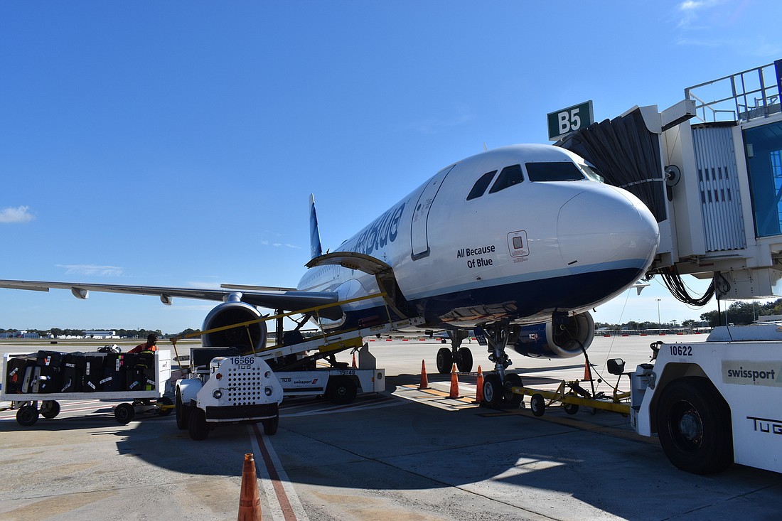 Sarasota-Bradenton International Airport crews load bags onto this JetBlue flight bound for New York.