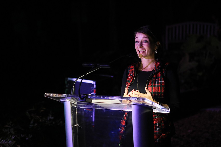 Kirsten Russell with the Community Foundation addresses the crowd.