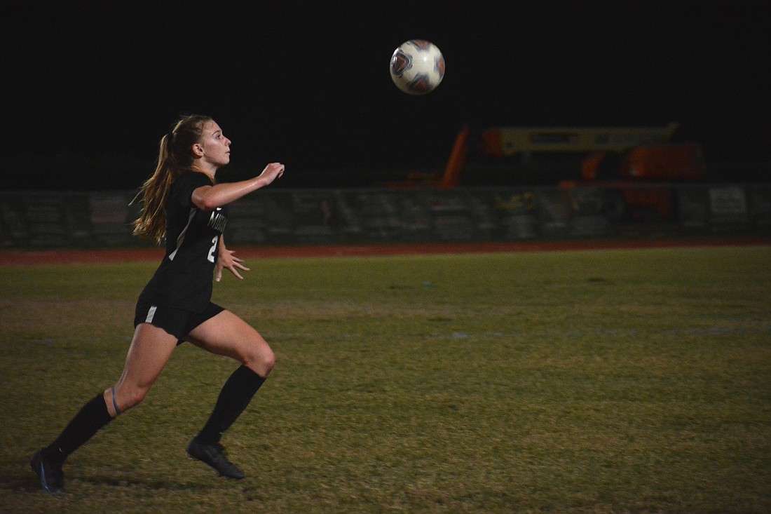 Lakewood Ranch sophomore Sophie Lemus traces a ball in the air against Venice High. Lemus leads the Mustangs with eight goals as of Dec. 15.