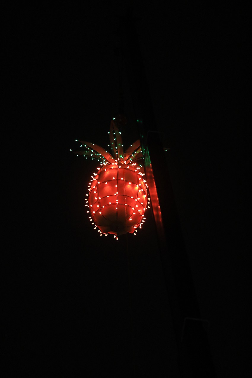 The pineapple hanged high overhead.