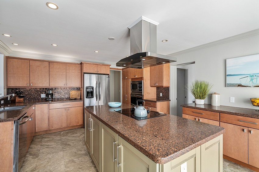 The open floor plan overlooks the pool.