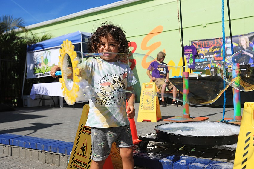 Maddox Reyes creates his own bubbles.