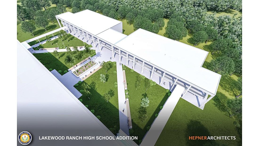The new addition will connect to Building 5, which will allow for a new courtyard to be created for students to gather. Rendering courtesy of Hepner Architects and the School District of Manatee County.