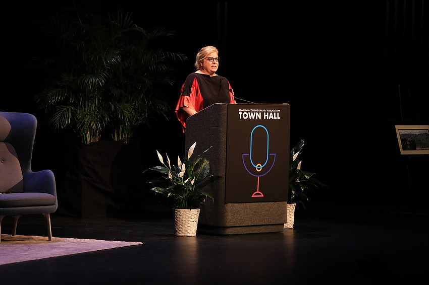 Town Hall Chair Ashley Brown welcomes the audience.