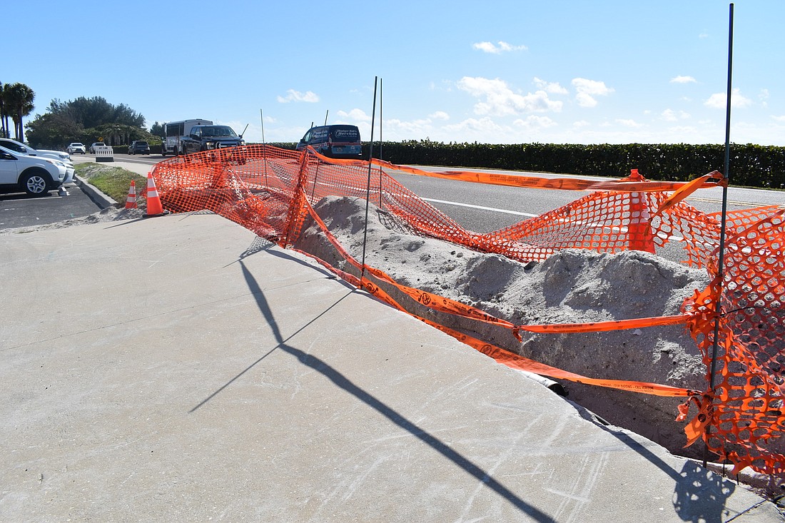 Before concrete got poured on Monday, a portion of the sidewalk on Gulf of Mexico Drive directly in front of the Twin Shores Mobile Home Park was closed. File photo