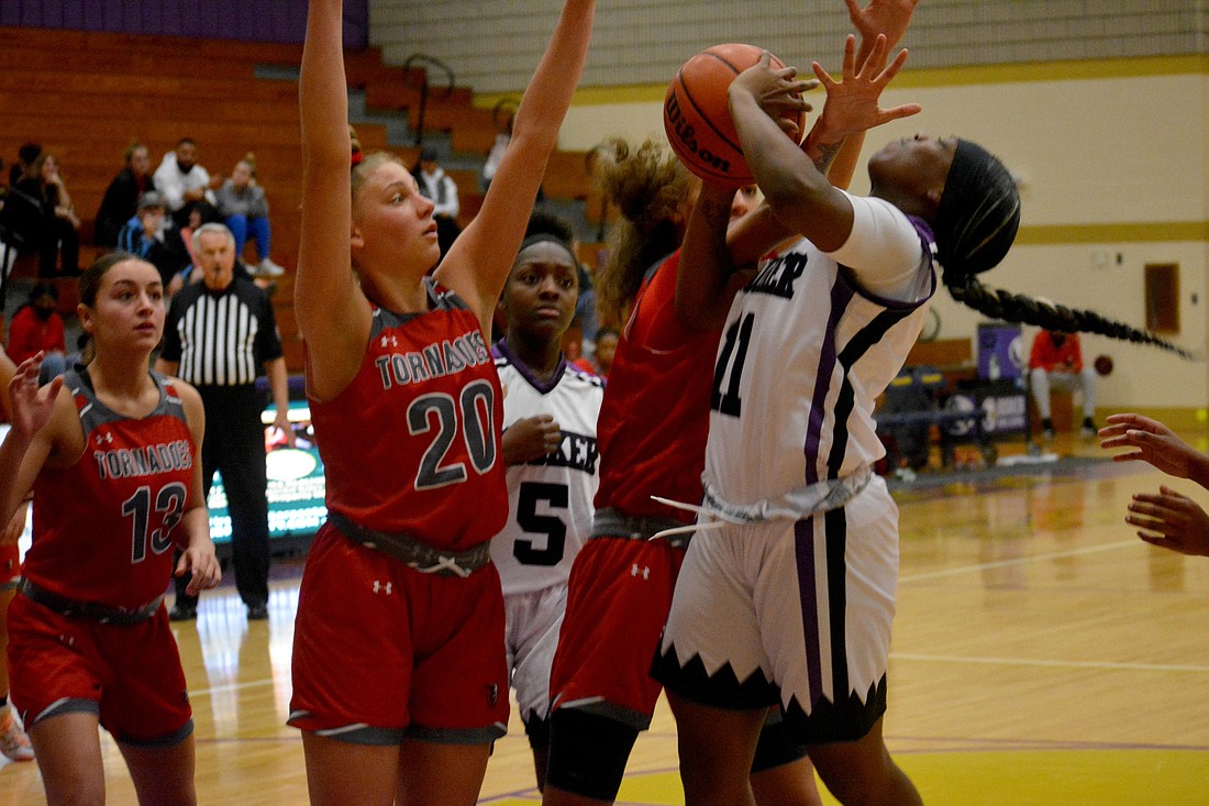 Booker&#39;s Sariah Bradley (11) gets fouled against Clearwater.