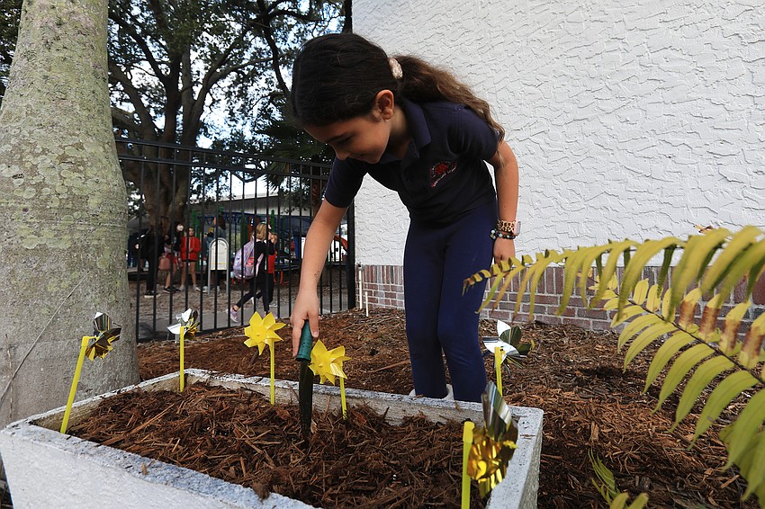 Sienna Ackerman puts a pinwheel down.