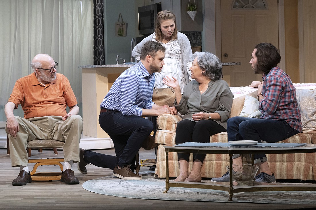 Peter Van Wagner, John Rapson, Dayne Lee Palya, Suzanne Grodner and Zachary Prince star in Asolo Rep&#39;s production of Grand Horizons. (Photo courtesy of Cliff Roles)