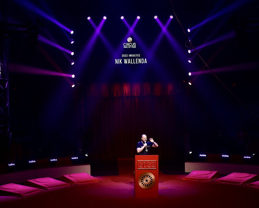 Inductee Nik Wallenda responds to the crowd's applause.