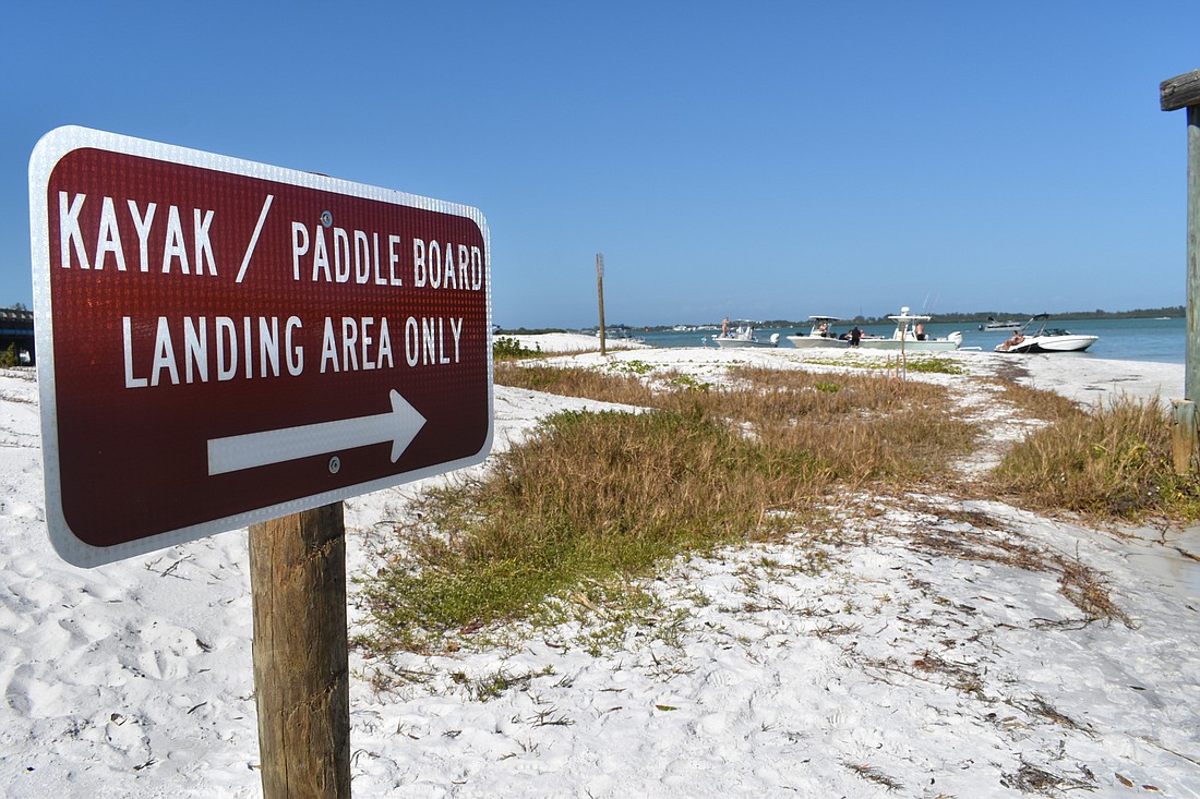 On Greer Island east of the Longboat Pass Bridge, new signage delineates where boaters are legally allowed to anchor. On Friday, Feb. 4 boaters were anchored in an area designated for kayakers and paddleboarders.