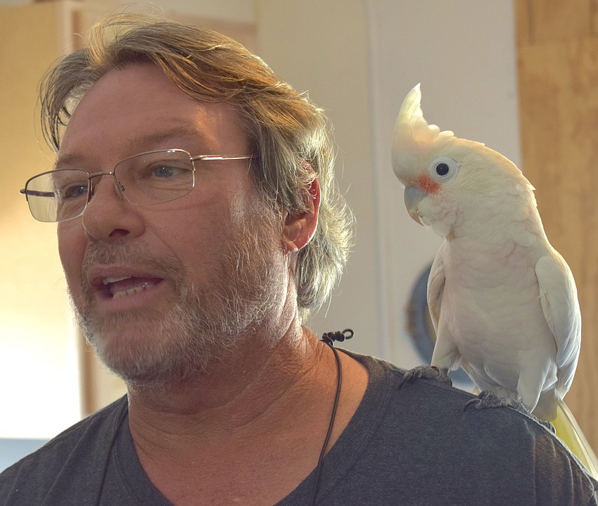 Dave Burns is used as a perch by a cockatoo who calls the Farmhouse Animal and Nature Sanctuary home.