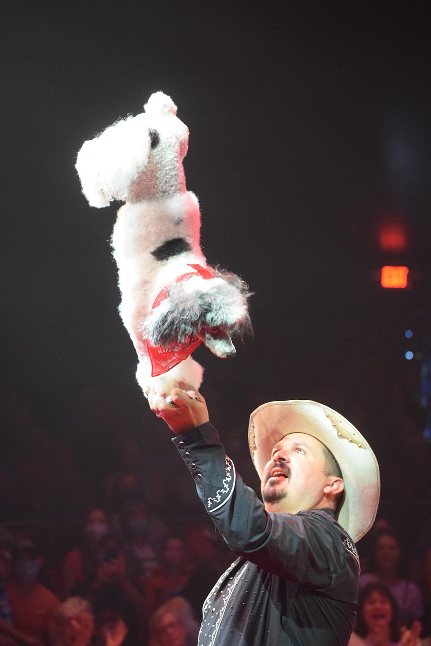 Jorge Pompeyo holds a dog while it balances its front paws on his hand.