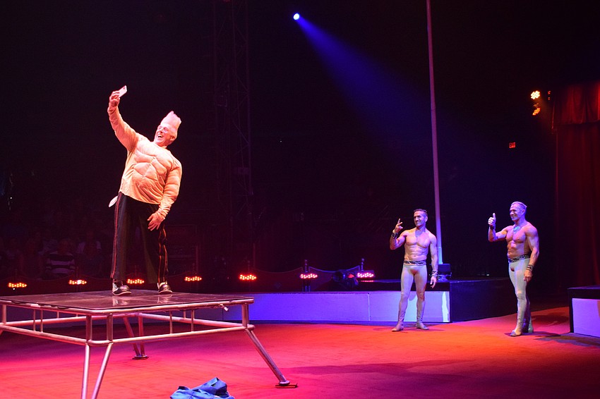 Bello Nock takes a selfie with the Alexis Brothers after showing off his 