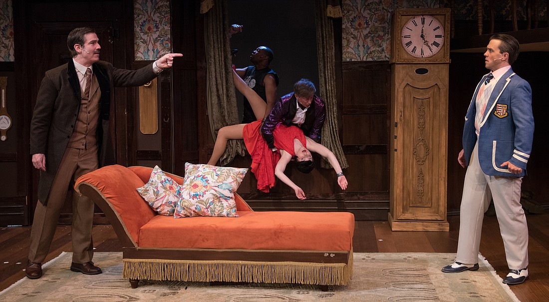 Gil Brady as Chris, Jacqueline Jarrold as Sandra, Freddie Lee Bennett as Trevor, Timothy C. Goodwin as Jonathan, and Jordan Ahnquist as Max in "The Play That Goes Wrong." (Photo courtesy of John Jones)