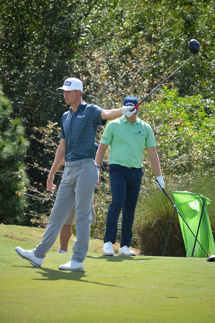 Trevor Werbylo signals that his tee shot is going left on the No. 9 hole at Lakewood National Golf Club during the first round of the 2022 LECOM Suncoast Classic. Werbylo finished five under par.