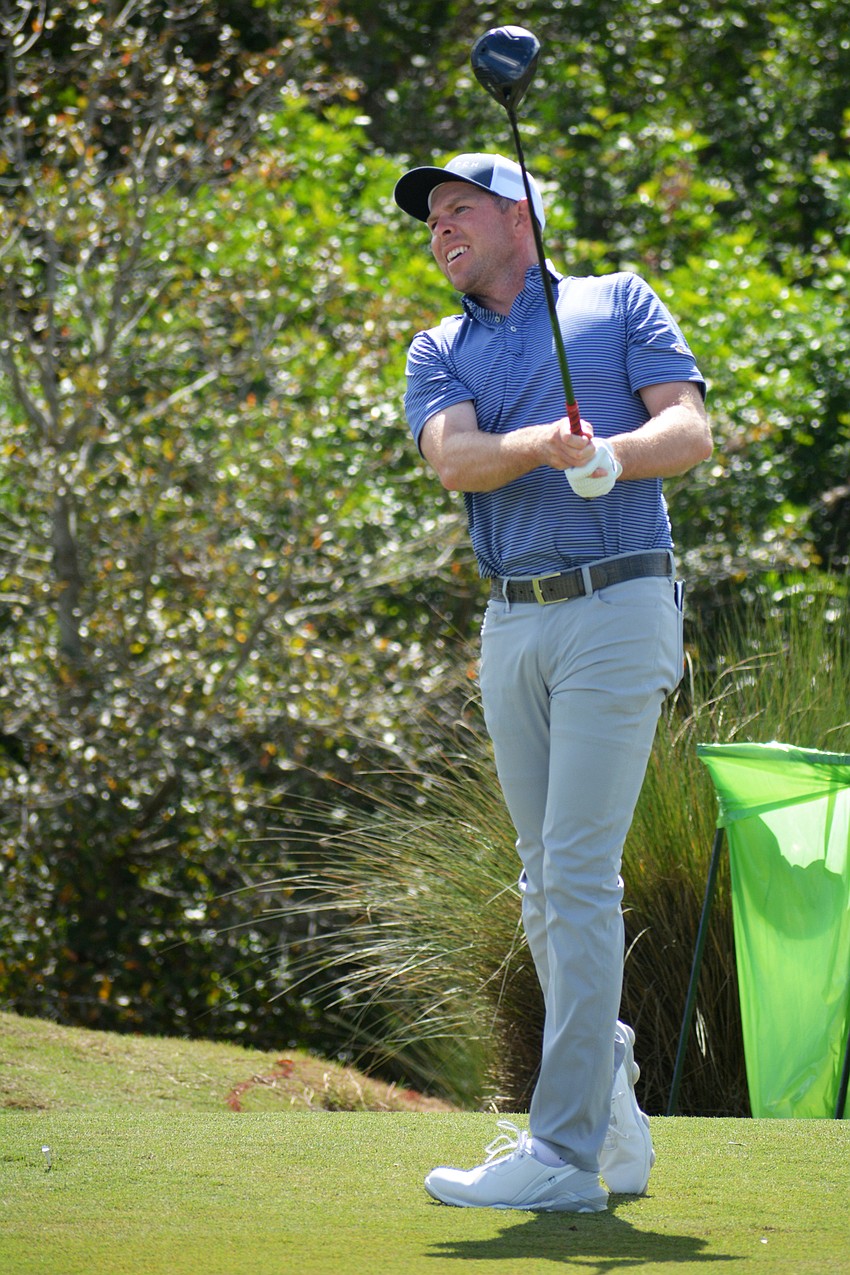 Bo Hoag tees off on the No. 9 hole at Lakewood National Golf Club during the first round of the 2022 LECOM Suncoast Classic. Hoag finished even par.