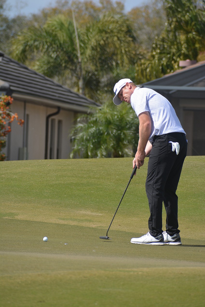 Patrick Fishburn putts on the No. 8 hole at Lakewood National Golf Club during the first round of the 2022 LECOM Suncoast Classic. Fishburn finished three under par.