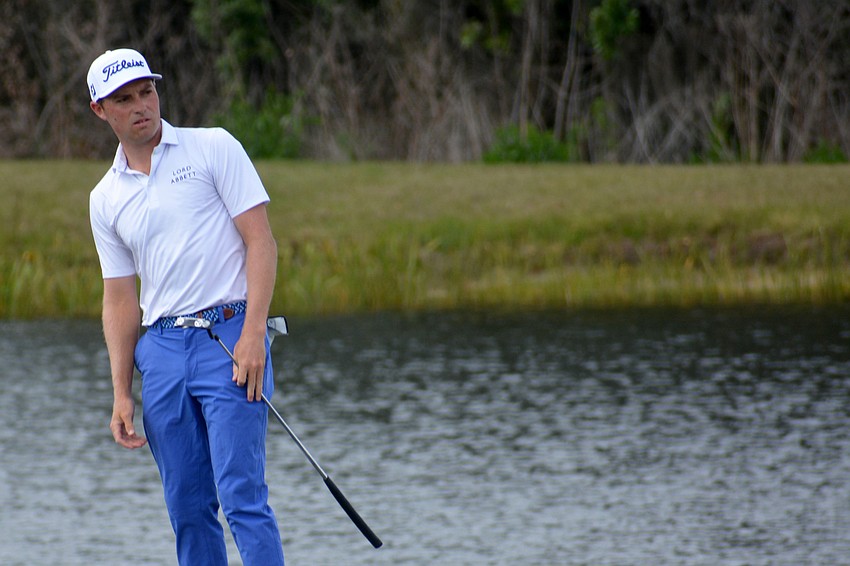 Ben Griffin watches his putt on the No. 1 hole at Lakewood National Golf Club during the first round of the 2022 LECOM Suncoast Classic. Griffin finished two under par.