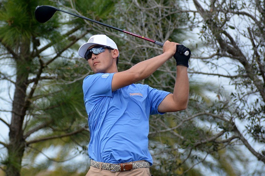 Tain Lee tees off on the No. 1 hole at Lakewood National Golf Club during the first round of the 2022 LECOM Suncoast Classic. Lee finished three over par.