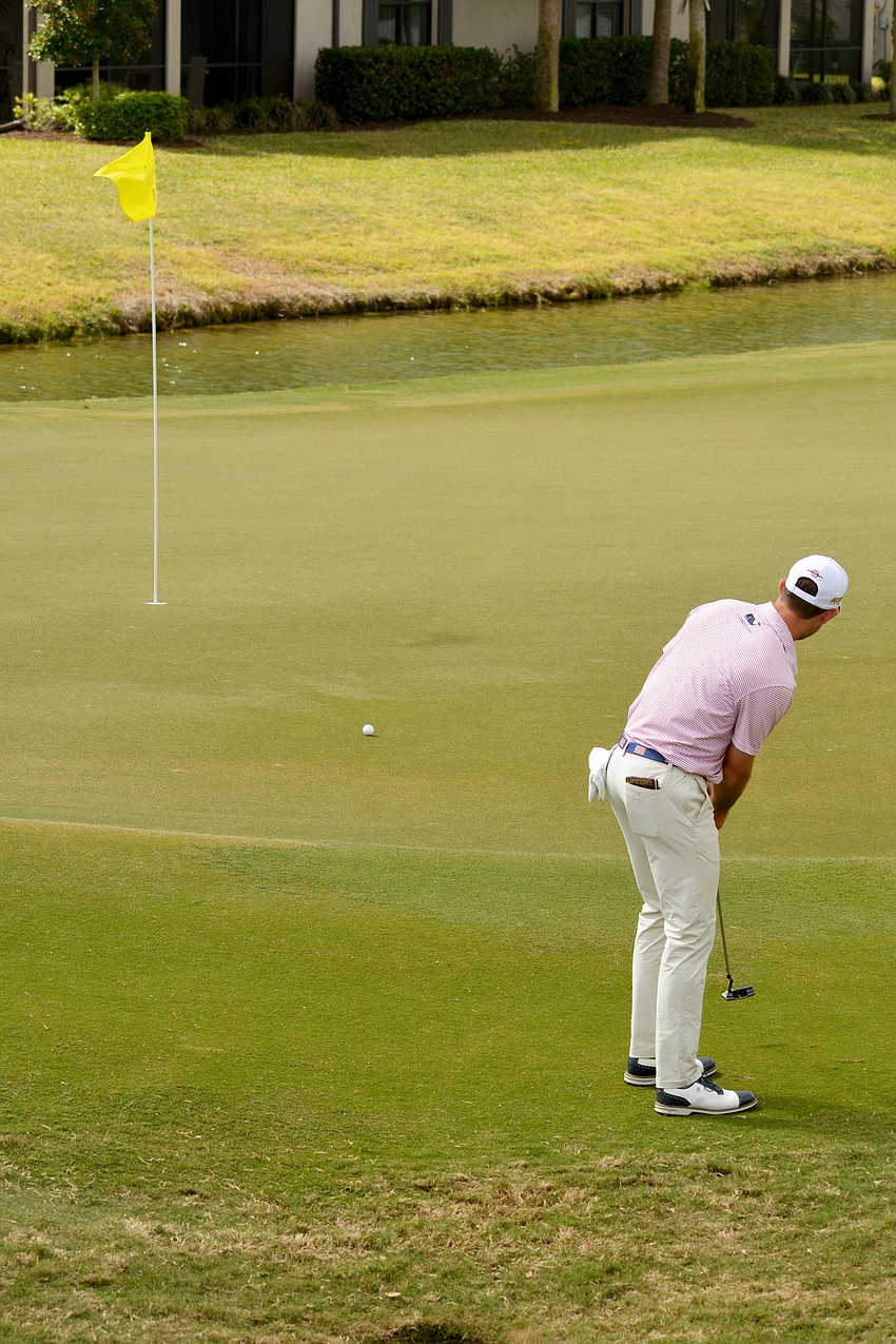 Dawson Armstrong putts on the No. 9 hole on the second day of the 2022 LECOM Suncoast Classic, held at Lakewood National Golf Club.
