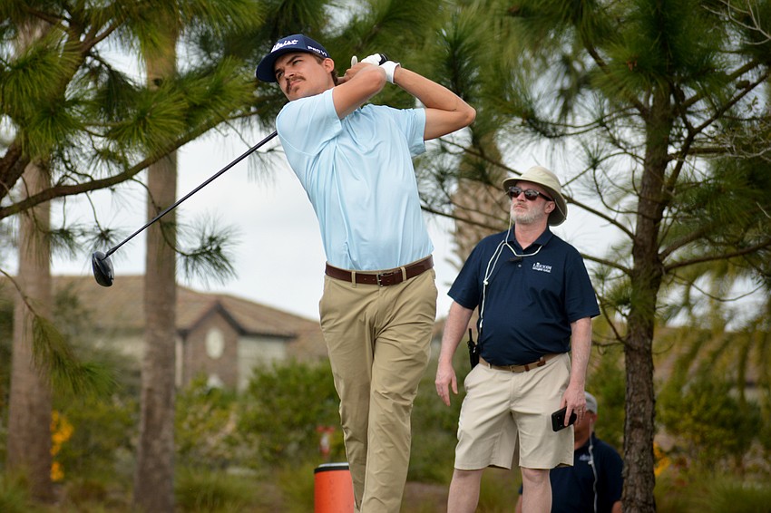 Carson Young his his tee shot on the No. 1 hole on the second day of the 2022 LECOM Suncoast Classic, held at Lakewood National Golf Club.