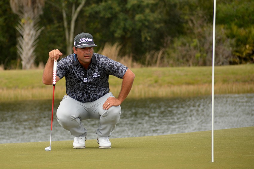 Rafael Campos lines up a putt on the No. 1 hole on the second day of the 2022 LECOM Suncoast Classic, held at Lakewood National Golf Club.